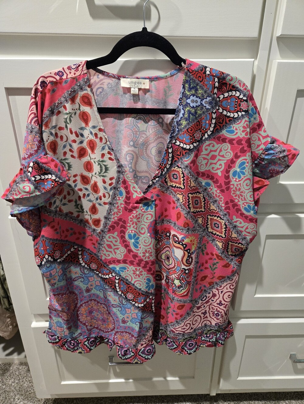 Umgee Pink Patchwork V-Neck Blouse